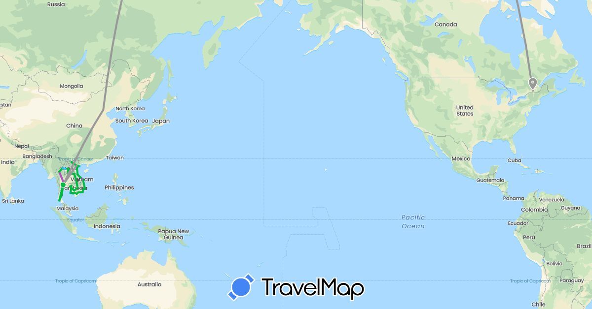 TravelMap itinerary: driving, bus, plane, train, boat, motorbike in Canada, China, Cambodia, Laos, Thailand, Vietnam (Asia, North America)